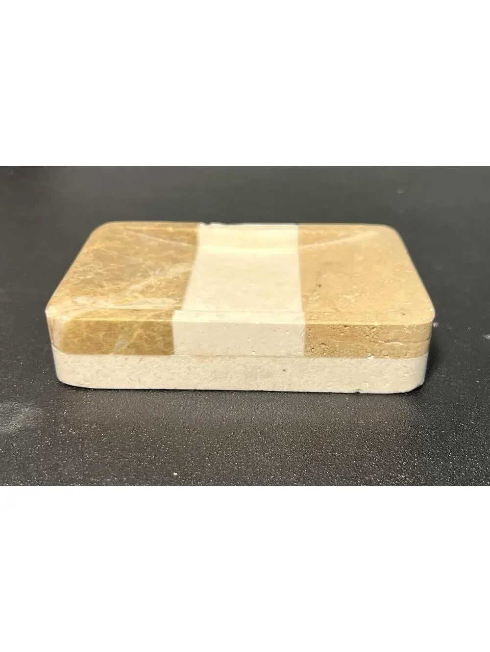 India 1990s Marble Travertine Handcrafted Two-Tone Soap Dish, 4.75x3”